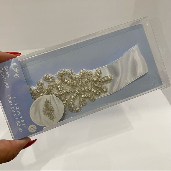Offray Sash White Satin Ribbon Beaded Rhinestone - Picture 3 of 7